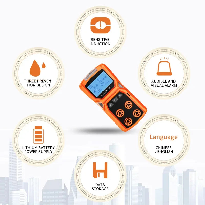 Multi Gas Detector Gas Meter O2 H2S CO LEL 4 in 1 Oxygen Hydrogen Sulfide Carbon Monoxide Combustible Gas Leak Detector