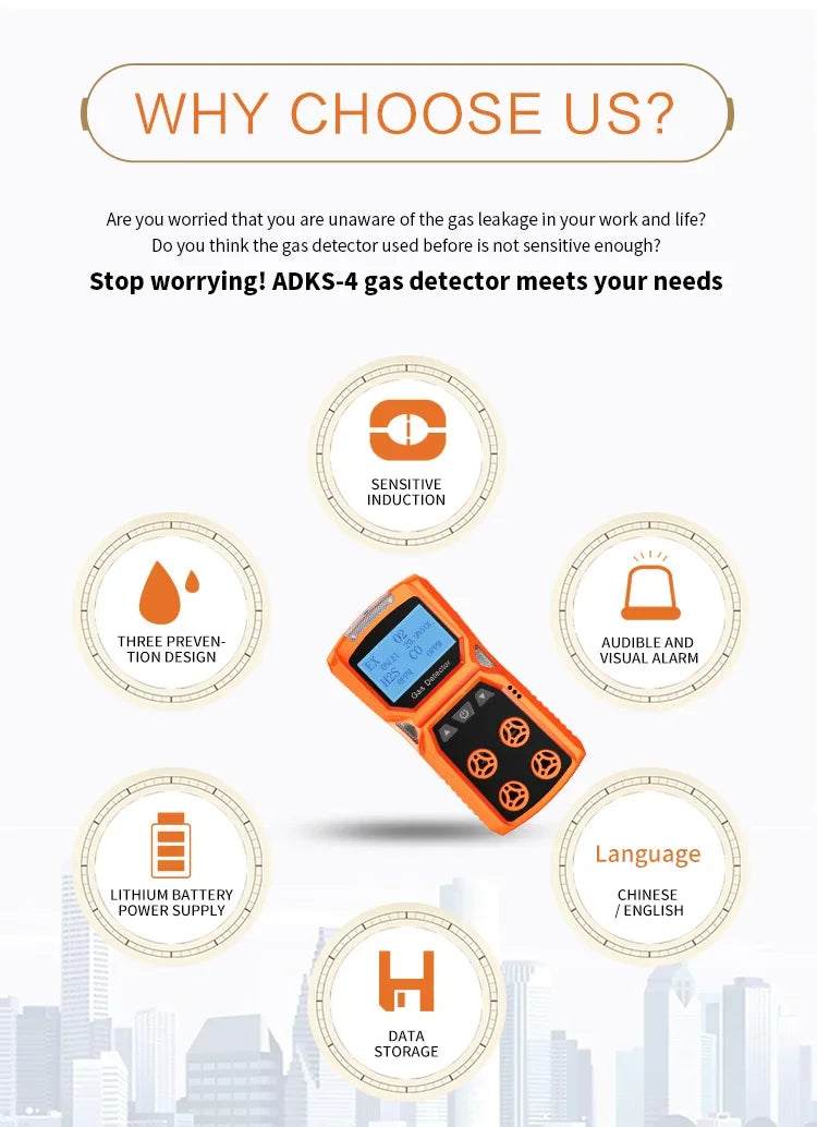 Multi Gas Detector Gas Meter O2 H2S CO LEL 4 in 1 Oxygen Hydrogen Sulfide Carbon Monoxide Combustible Gas Leak Detector