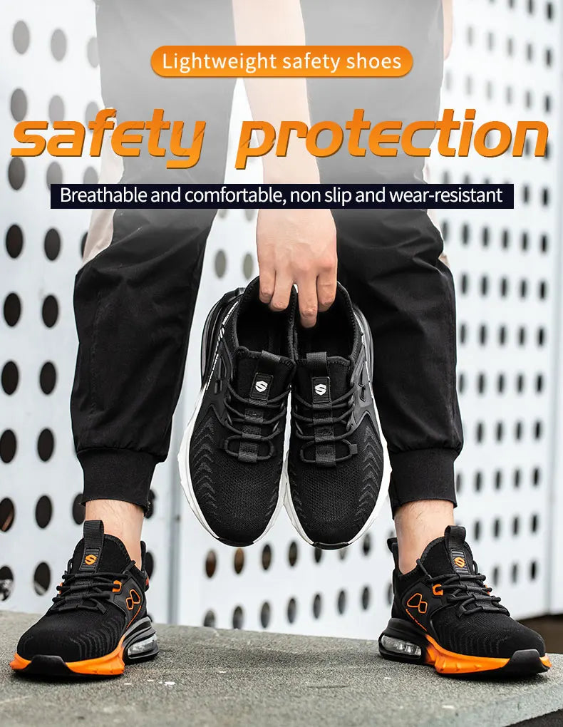 Safety Sneaker for Men Orange Air Cushion Steel Toe Safety Shoes Sports Large Work Anti-Smashing Industrial Safety Tennis Woman