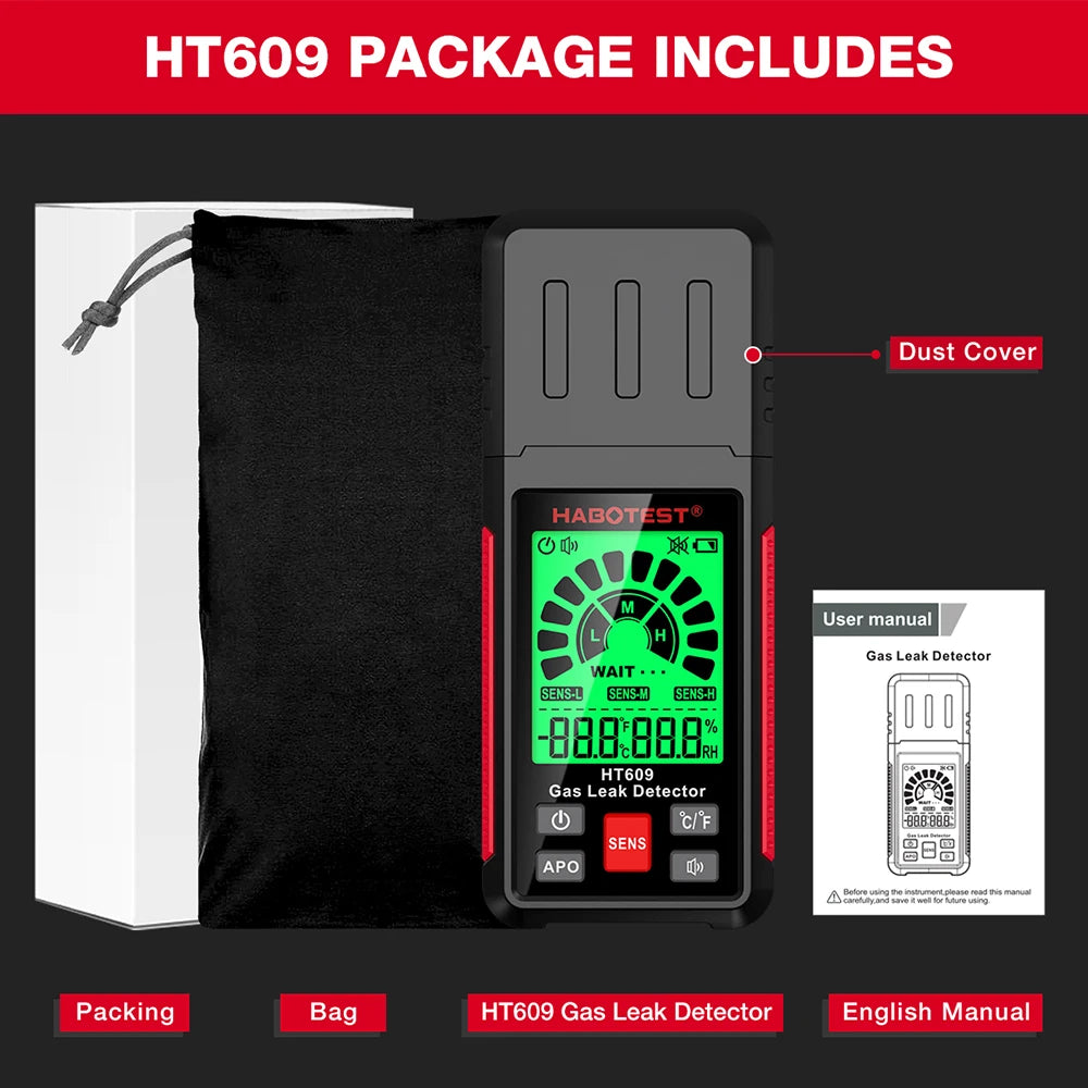 HABOTEST HT609 Gas Leak Detector Combustible Gas Sensor Tester Professional Flammable Natural Methane Gas Leakage Test Meter