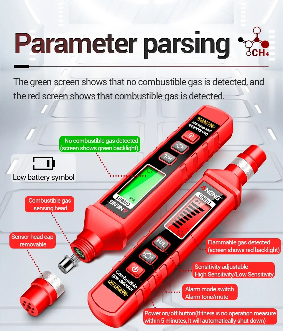 ANENG GN801 Gas-sensitive Semi-conduct Detector 300~10000PPM Gas Leakage Analyzer Combustible Meter Environment Test Sensor Tool