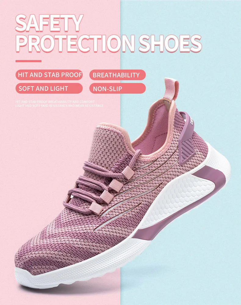 Pink women's safety shoes Steel head anti-smash Light soft breathable work shoes Women's outdoor industrial safety shoes