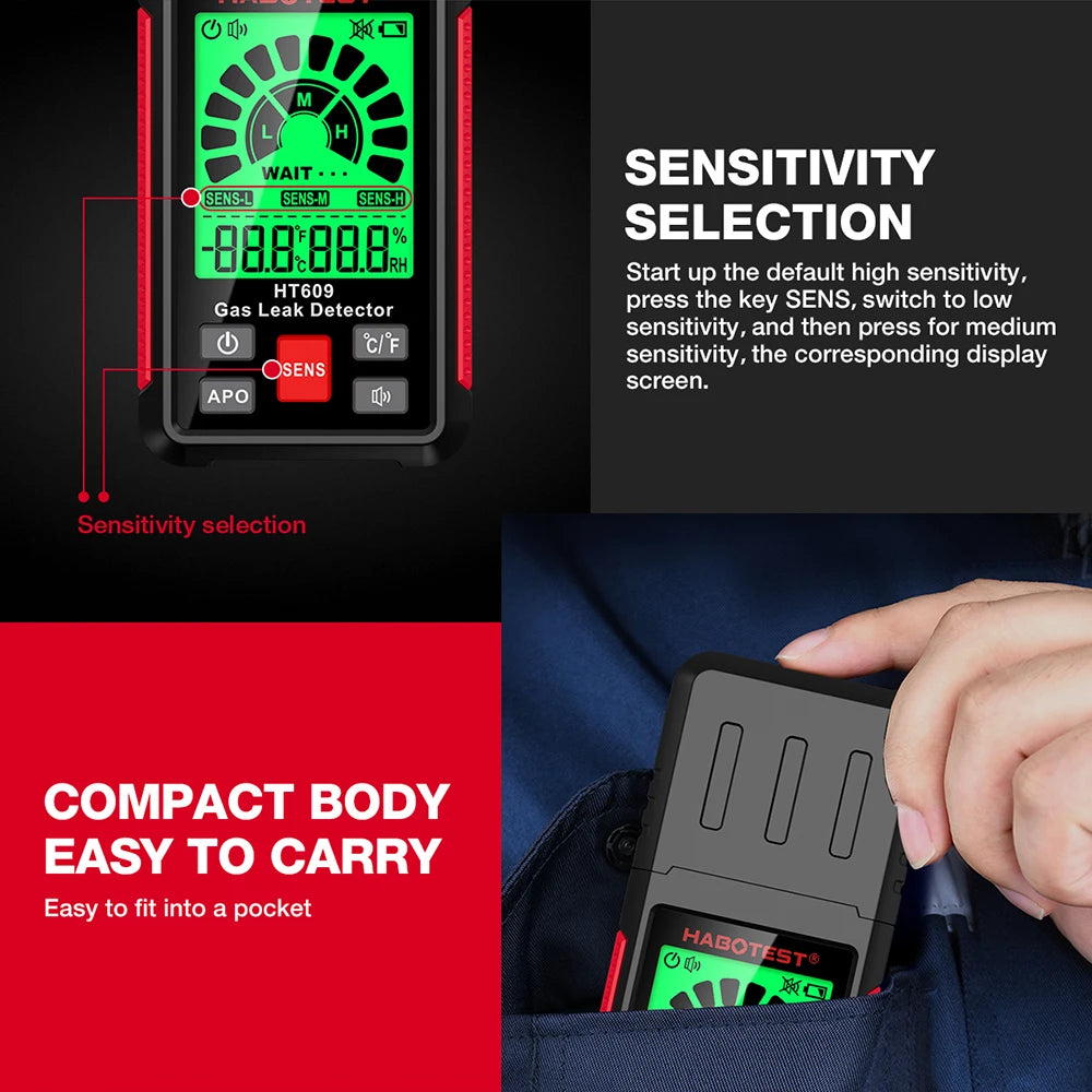 HABOTEST HT609 Gas Leak Detector Combustible Gas Sensor Tester Professional Flammable Natural Methane Gas Leakage Test Meter