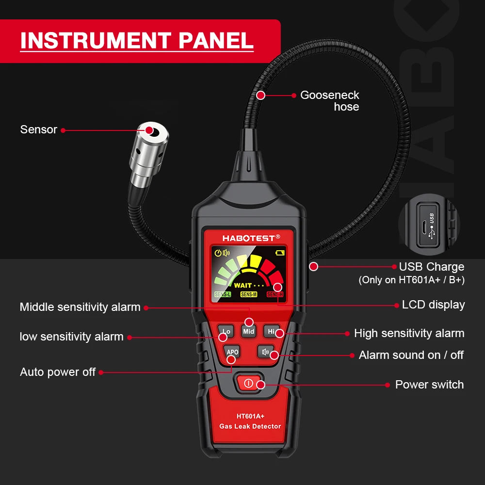 HT601 Natural Gas Leak Location Determine Meter  Sound Alarm Combustible Gas Detector Gas Analyzer  Methane Alcohol Gas Detector