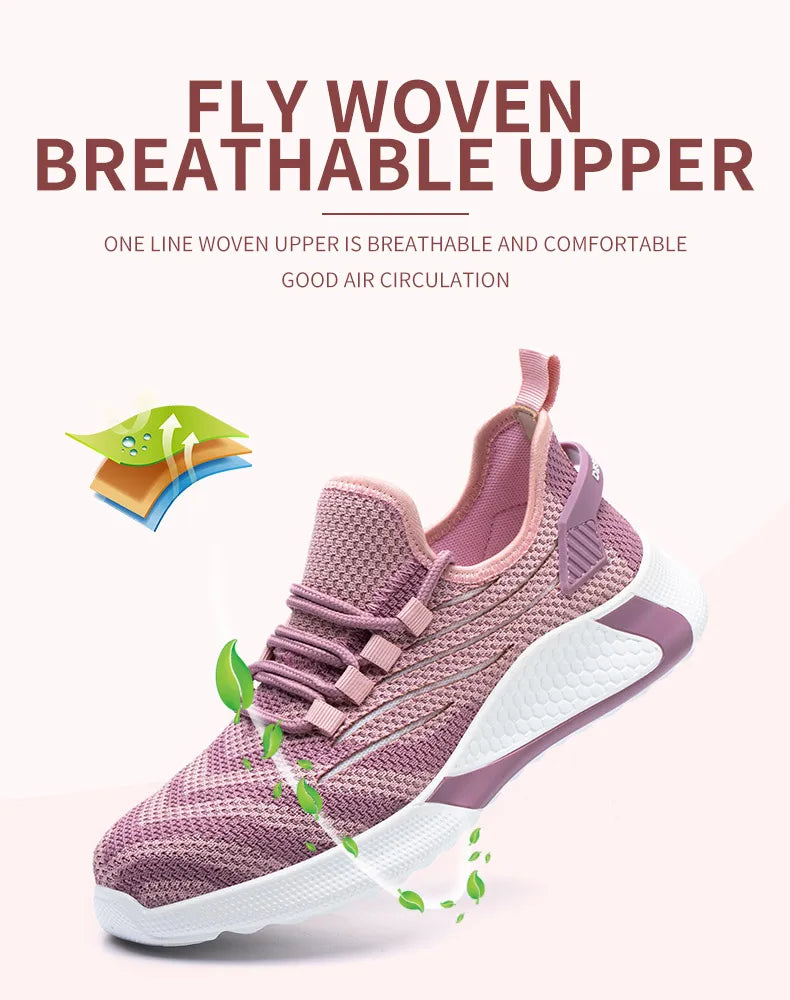 Pink women's safety shoes Steel head anti-smash Light soft breathable work shoes Women's outdoor industrial safety shoes