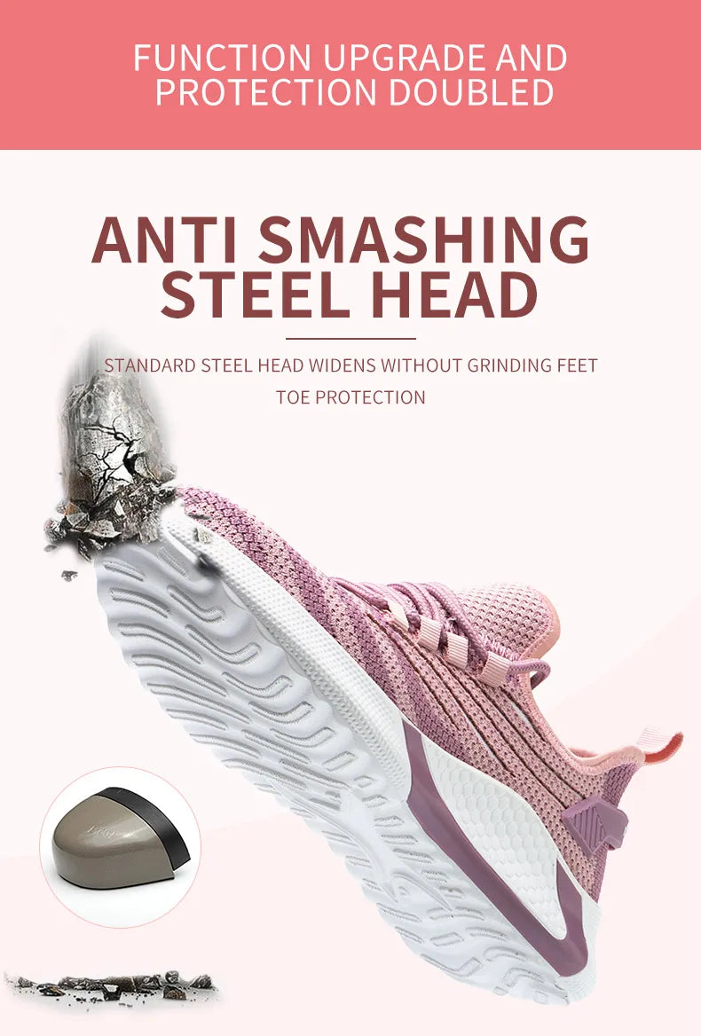 Pink women's safety shoes Steel head anti-smash Light soft breathable work shoes Women's outdoor industrial safety shoes