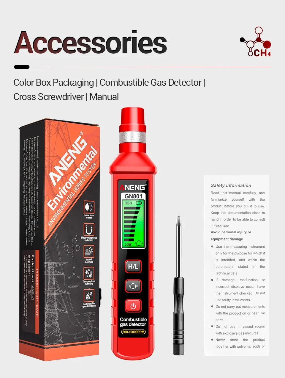 ANENG GN801 Gas-sensitive Semi-conduct Detector 300~10000PPM Gas Leakage Analyzer Combustible Meter Environment Test Sensor Tool