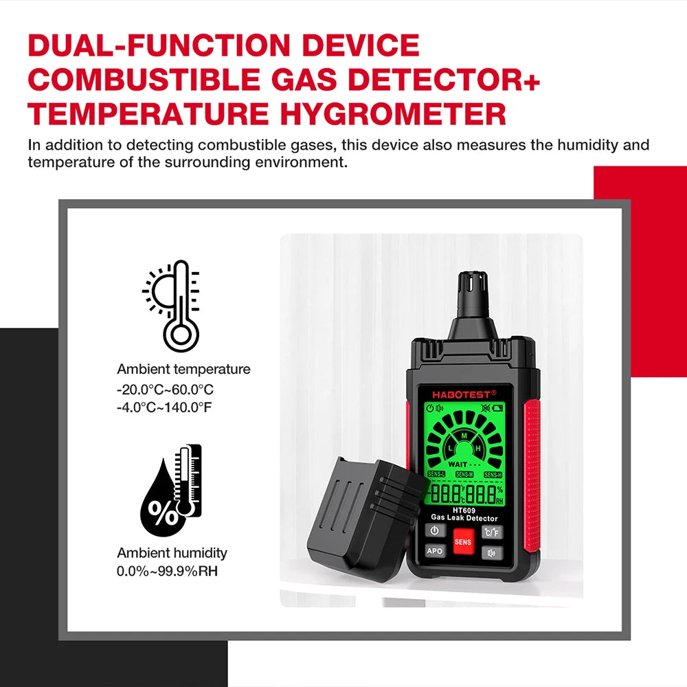 HABOTEST HT609 Gas Leak Detector Combustible Gas Sensor Tester Professional Flammable Natural Methane Gas Leakage Test Meter