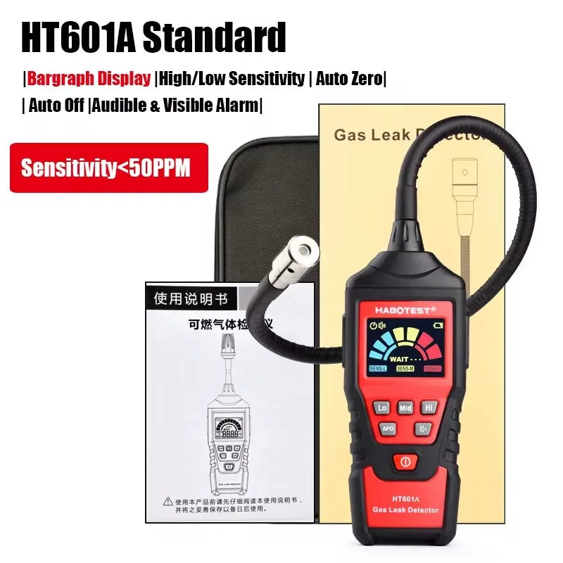HT601 Natural Gas Leak Location Determine Meter  Sound Alarm Combustible Gas Detector Gas Analyzer  Methane Alcohol Gas Detector