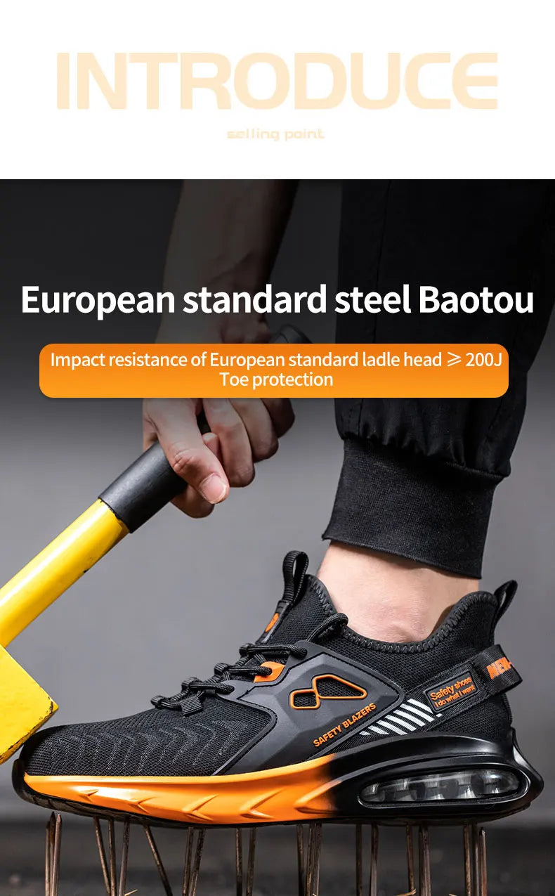 Safety Sneaker for Men Orange Air Cushion Steel Toe Safety Shoes Sports Large Work Anti-Smashing Industrial Safety Tennis Woman