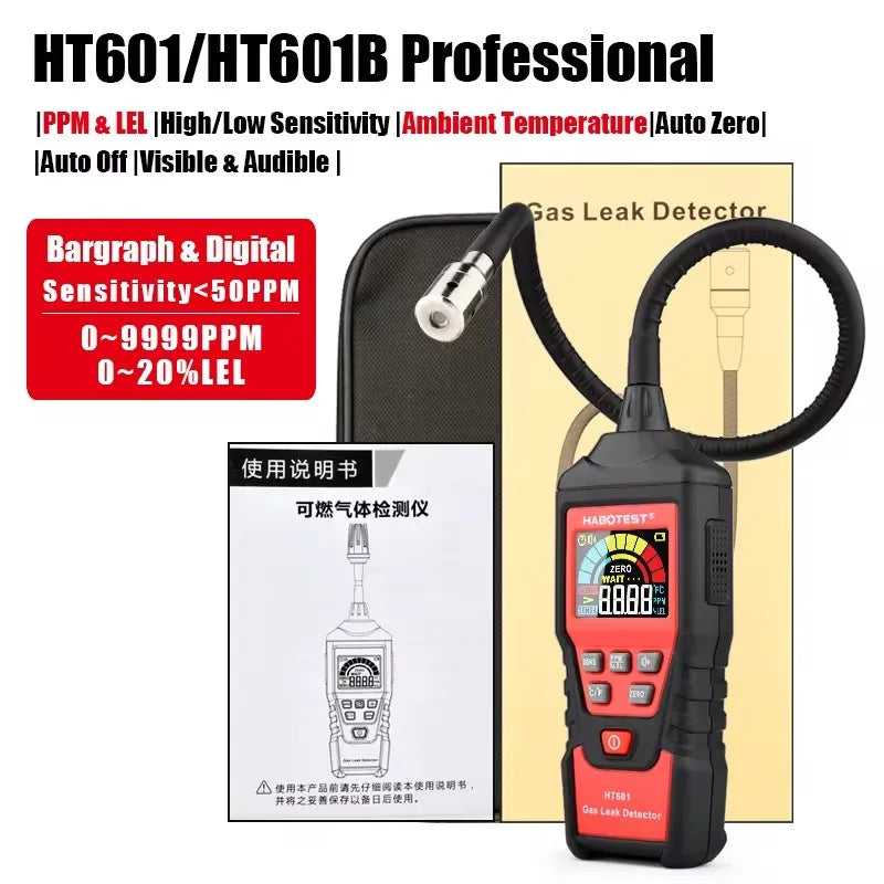 HT601 Natural Gas Leak Location Determine Meter  Sound Alarm Combustible Gas Detector Gas Analyzer  Methane Alcohol Gas Detector