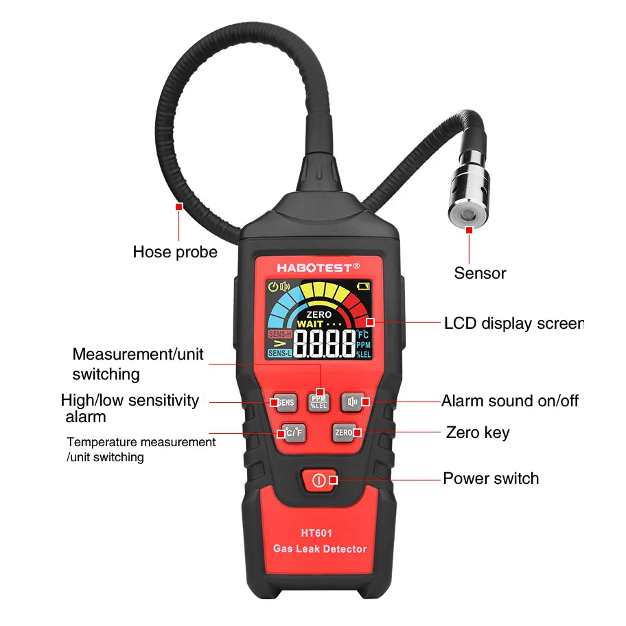 HT601 Natural Gas Leak Location Determine Meter  Sound Alarm Combustible Gas Detector Gas Analyzer  Methane Alcohol Gas Detector