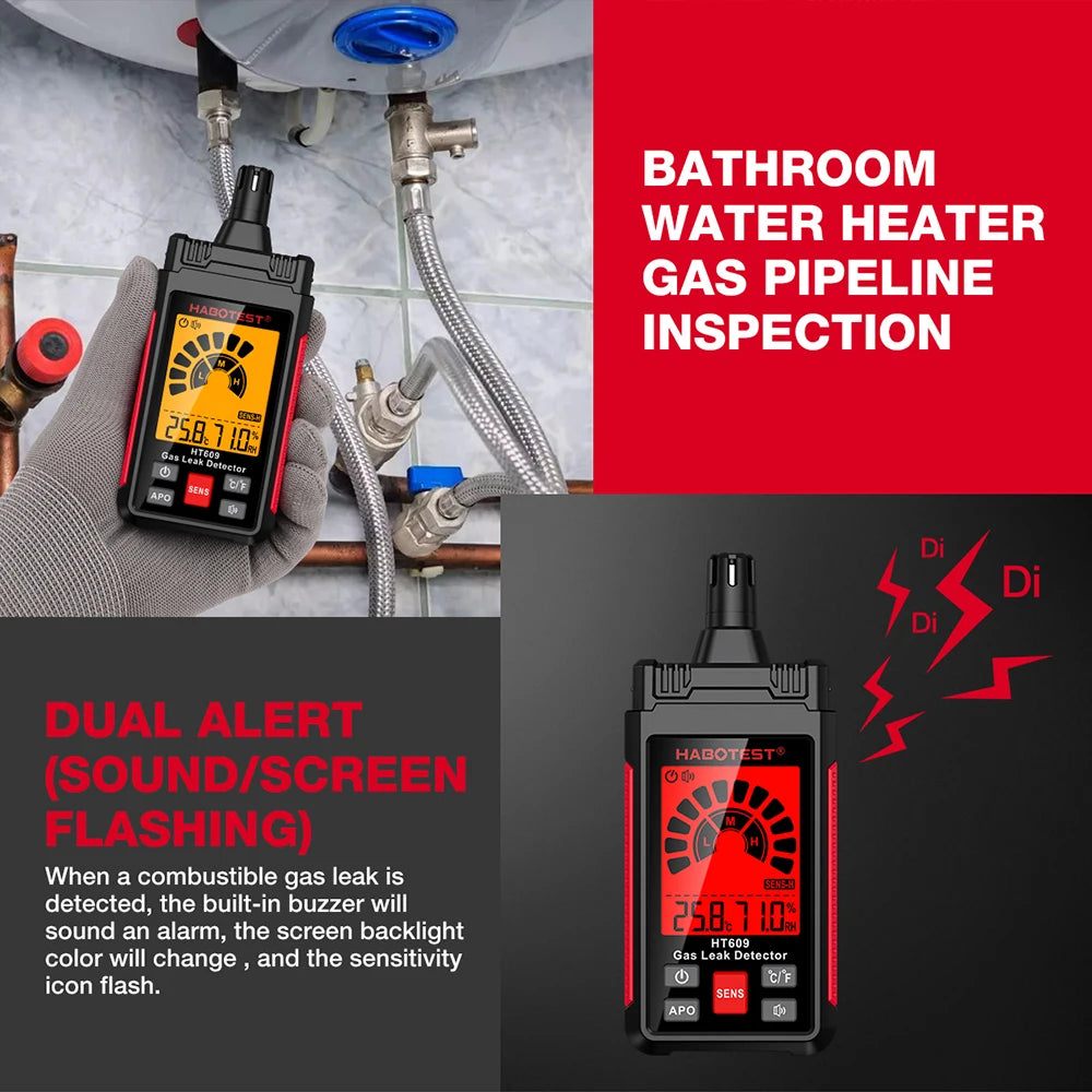 HABOTEST HT609 Gas Leak Detector Combustible Gas Sensor Tester Professional Flammable Natural Methane Gas Leakage Test Meter
