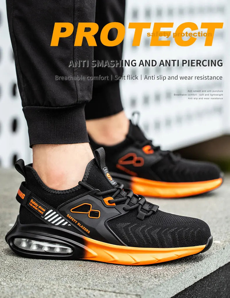 Safety Sneaker for Men Orange Air Cushion Steel Toe Safety Shoes Sports Large Work Anti-Smashing Industrial Safety Tennis Woman