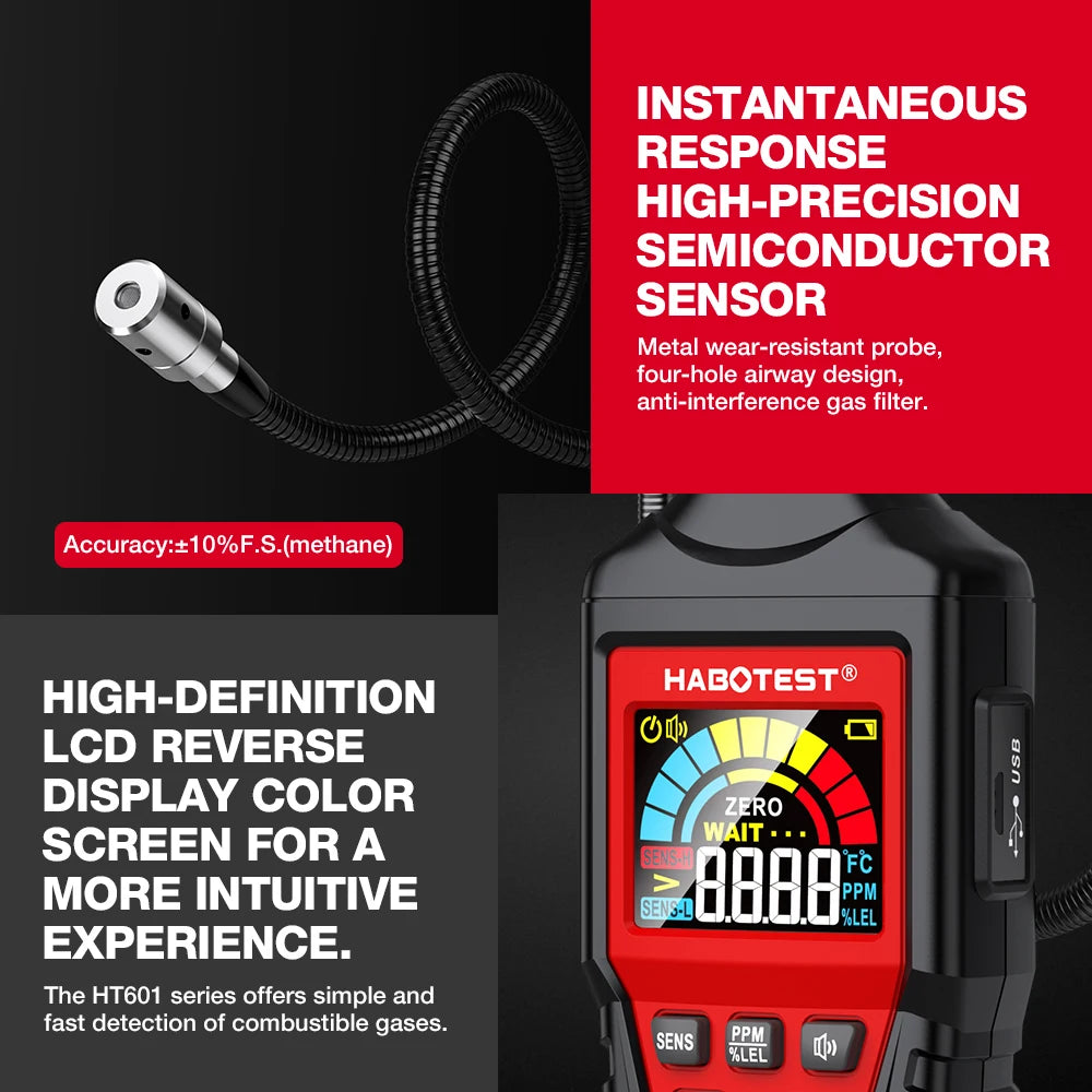 HT601 Natural Gas Leak Location Determine Meter  Sound Alarm Combustible Gas Detector Gas Analyzer  Methane Alcohol Gas Detector